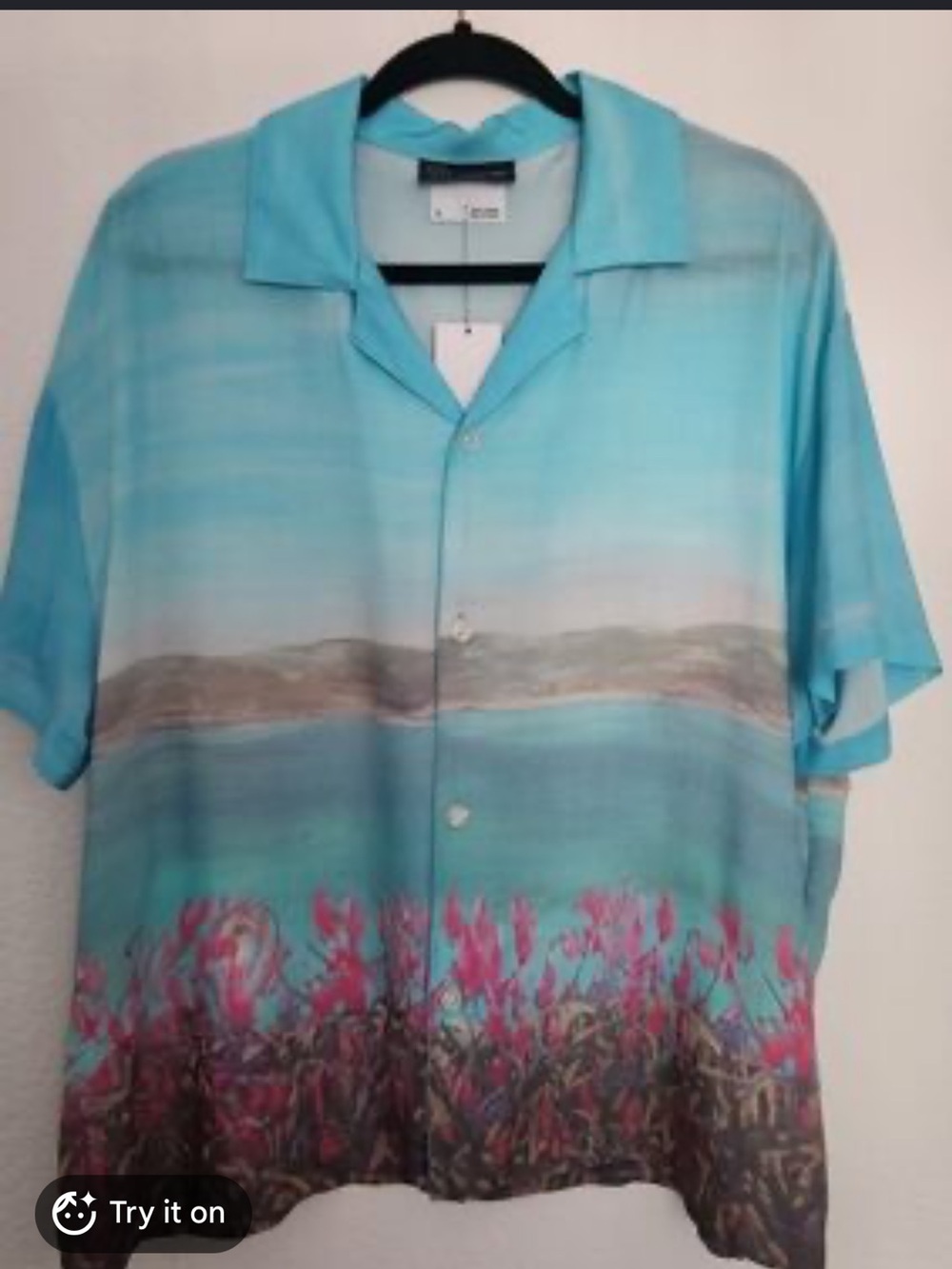 Turquoise Blue and Pink Short Sleeve Button Shirt